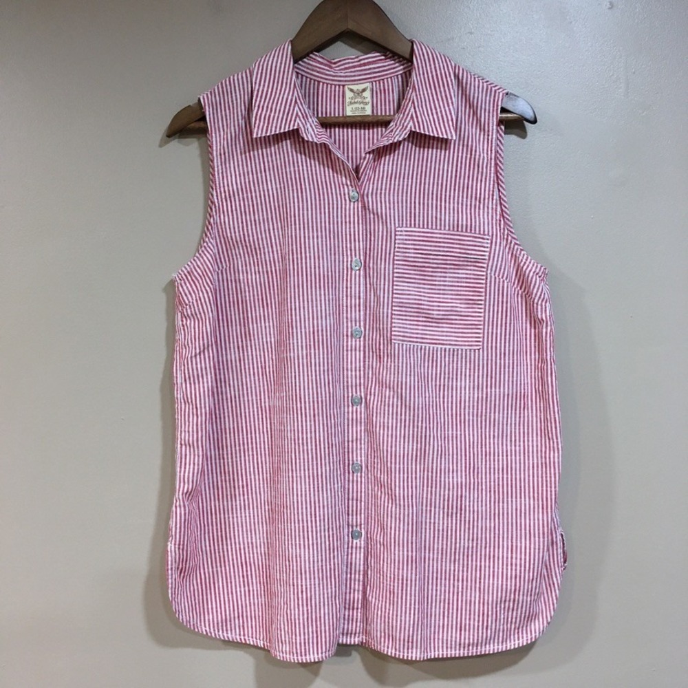 Red White Stripe Sleeveless Button Down Shirt Womens L Coastal Preppy Vacation
